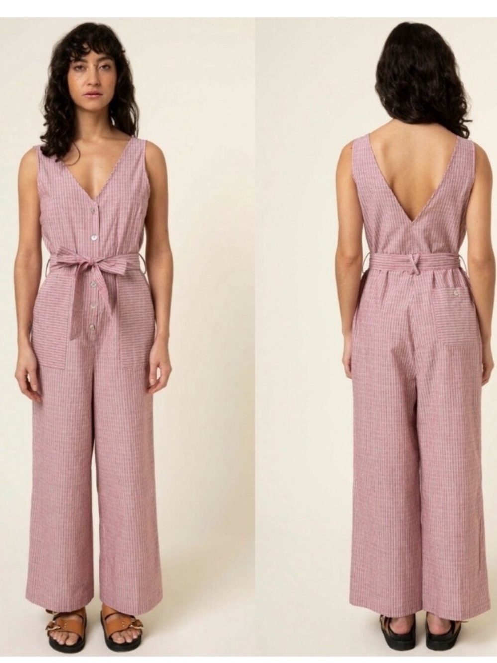 FRNCH Paris Womens Pink Striped V Neck Button Up Laurena Sleeveless Jumpsuit